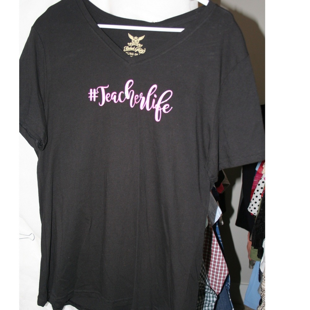 Faded Glory Womens TeacherLife Graphic V-Neck T-Shirt Black XL 16-18 NWT